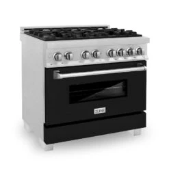 ZLINE 36 In. 4.6 Cu. Ft. Legacy Dual Fuel Range With 6 Burner Gas Cooktop And Electric Convection Oven In Satin Stainless Steel And Black Matte Door (RAS-BLM-36)(Zline 36 Legacy Dual Fuel Range Satin Stainless Steel Black Matte Ras Blm 36)