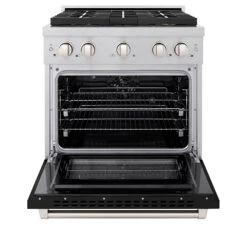 ZLINE 30 In. 4.2 Cu. Ft. Paramount Dual Fuel Range With 4 Burner DuoPro™ Cooktop And Electric Convection Oven In Satin Stainless Steel With Black Matte Door (PSDRS-BLM-30)(Zline 30 Paramount Dual Fuel Range Duopro Satin Stainless Steel Black Matte Psdrs Blm 30) -Induction Cooktop Store zline professional satin stainless steel dual fuel range duopro cooktop PSDRS BLM 30 front open