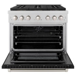 ZLINE 36 In. 5.2 Cu. Ft. Paramount Dual Fuel Range With 6 Burner DuoPro™ Cooktop And Electric Convection Oven In Satin Stainless Steel With Black Matte Door (PSDRS-BLM-36)(Zline 36 Paramount Dual Fuel Range Duopro Satin Stainless Steel Black Matte Psdrs Blm 36) -Induction Cooktop Store zline professional satin stainless steel dual fuel range duopro cooktop PSDRS BLM 36 front open