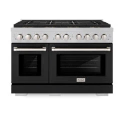 ZLINE 48 In. 6.7 Cu. Ft. Paramount Dual Fuel Range With 8 Burner DuoPro™ Cooktop And Dual Ovens In Satin Stainless Steel With Black Matte Doors (PSDRS-BLM-48)(Zline 48 Paramount Dual Fuel Range Duopro Satin Stainless Steel Black Matte Psdrs Blm 48)