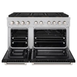 ZLINE 48 In. 6.7 Cu. Ft. Paramount Dual Fuel Range With 8 Burner DuoPro™ Cooktop And Dual Ovens In Satin Stainless Steel With Black Matte Doors (PSDRS-BLM-48)(Zline 48 Paramount Dual Fuel Range Duopro Satin Stainless Steel Black Matte Psdrs Blm 48) -Induction Cooktop Store zline professional satin stainless steel dual fuel range duopro cooktop PSDRS BLM 48 front open