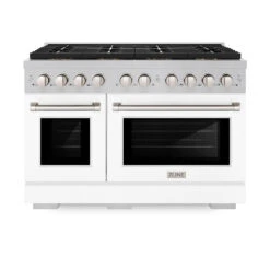 ZLINE 48 In. 6.7 Cu. Ft. Paramount Dual Fuel Range With 8 Burner DuoPro™ Cooktop And Dual Ovens In Satin Stainless Steel With White Matte Doors (PSDRS-WM-48)(Zline 48 Paramount Dual Fuel Range Duopro Satin Stainless Steel White Matte Psdrs Wm 48)