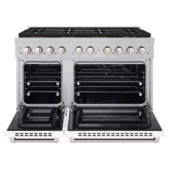 ZLINE 48 In. 6.7 Cu. Ft. Paramount Dual Fuel Range With 8 Burner DuoPro™ Cooktop And Dual Ovens In Satin Stainless Steel With White Matte Doors (PSDRS-WM-48)(Zline 48 Paramount Dual Fuel Range Duopro Satin Stainless Steel White Matte Psdrs Wm 48) 23 ZLINE 48 In. 6.7 Cu. Ft. Paramount Dual Fuel Range With 8 Burner DuoPro™ Cooktop And Dual Ovens In Satin Stainless Steel With White Matte Doors (PSDRS-WM-48)(Zline 48 Paramount Dual Fuel Range Duopro Satin Stainless Steel White Matte Psdrs Wm 48) -Induction Cooktop Store zline professional satin stainless steel dual fuel range duopro cooktop PSDRS WM 48 front open