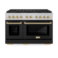 ZLINE Autograph Edition 48 In. 6.7 Cu. Ft. Paramount Dual Fuel Range With 8 Burner DuoPro™ Cooktop And Dual Ovens In Satin Stainless Steel With Black Matte Doors And Polished Gold Accents (PSDRSZ-BLM48-G)(Zline Autograph Edition 48 Paramount Dual Fuel Range Duopro Satin Stainless Steel Black Matte Polished Gold Psdrsz Blm48 G)