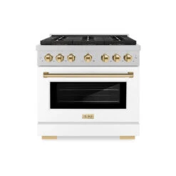 ZLINE Autograph Edition 36 In. 5.2 Cu. Ft. Paramount Dual Fuel Range With 6 Burner DuoPro™ Cooktop And Electric Convection Oven In Satin Stainless Steel With White Matte Door And Polished Gold Accents (PSDRSZ-WM-36-G)(Zline Autograph Edition 36 Paramount Dual Fuel Range Duopro Satin Stainless Steel White Matte Polished Gold Psdrsz Wm 36 G)