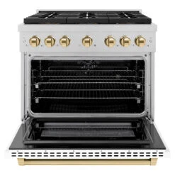 ZLINE Autograph Edition 36 In. 5.2 Cu. Ft. Paramount Dual Fuel Range With 6 Burner DuoPro™ Cooktop And Electric Convection Oven In Satin Stainless Steel With White Matte Door And Polished Gold Accents (PSDRSZ-WM-36-G)(Zline Autograph Edition 36 Paramount Dual Fuel Range Duopro Satin Stainless Steel White Matte Polished Gold Psdrsz Wm 36 G) -Induction Cooktop Store zline professional satin stainless steel dual fuel range duopro cooktop PSDRSZ WM 36 G front open