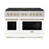 ZLINE Autograph Edition 48 In. 6.7 Cu. Ft. Paramount Dual Fuel Range With 8 Burner DuoPro™ Cooktop And Dual Ovens In Satin Stainless Steel With White Matte Doors And Polished Gold Accents (PSDRSZ-WM-48-G)(Zline Autograph Edition 48 Paramount Dual Fuel Range Duopro Satin Stainless Steel White Matte Polished Gold Psdrsz Wm 48 G)