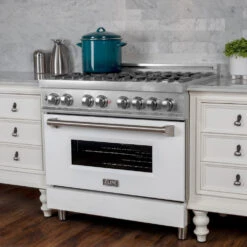 ZLINE 30 In. 4.0 Cu. Ft. Legacy Dual Fuel Range With 4 Burner Gas Cooktop And Electric Convection Oven In Satin Stainless Steel And White Matte Door (RAS-WM-30)(Zline 30 Legacy Dual Fuel Range Satin Stainless Steel White Matte Ras Wm 30) 27 ZLINE 30 In. 4.0 Cu. Ft. Legacy Dual Fuel Range With 4 Burner Gas Cooktop And Electric Convection Oven In Satin Stainless Steel And White Matte Door (RAS-WM-30)(Zline 30 Legacy Dual Fuel Range Satin Stainless Steel White Matte Ras Wm 30) -Induction Cooktop Store zline professional satin stainless steel free standing white matte range RAS WM 30 LS side