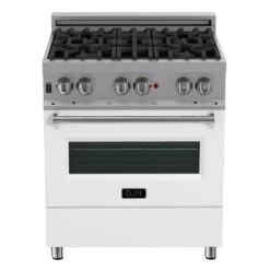 ZLINE 30 In. 4.0 Cu. Ft. Legacy Dual Fuel Range With 4 Burner Gas Cooktop And Electric Convection Oven In Satin Stainless Steel And White Matte Door (RAS-WM-30)(Zline 30 Legacy Dual Fuel Range Satin Stainless Steel White Matte Ras Wm 30) 18 ZLINE 30 In. 4.0 Cu. Ft. Legacy Dual Fuel Range With 4 Burner Gas Cooktop And Electric Convection Oven In Satin Stainless Steel And White Matte Door (RAS-WM-30)(Zline 30 Legacy Dual Fuel Range Satin Stainless Steel White Matte Ras Wm 30) -Induction Cooktop Store zline professional satin stainless steel free standing white matte range RAS WM 30 front