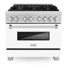 ZLINE 36 In. 4.6 Cu. Ft. Legacy Dual Fuel Range With 6 Burner Gas Cooktop And Electric Convection Oven In Satin Stainless Steel And White Matte Door (RAS-WM-36)(Zline 36 Legacy Dual Fuel Range Satin Stainless Steel White Matte Ras Wm 36) -Induction Cooktop Store zline professional satin stainless steel free standing white matte range RAS WM 36 front