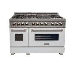 ZLINE 48 In. 6.0 Cu. Ft. Legacy Dual Fuel Range With 7 Burner Gas Cooktop And 2 Electric Ovens In Satin Stainless Steel And White Matte Doors (RAS-WM-48)(Zline 48 Legacy Dual Fuel Range Satin Stainless Steel White Matte Ras Wm 48) -Induction Cooktop Store zline professional satin stainless steel free standing white matte range RAS WM 48 front