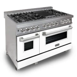 ZLINE 48 In. 6.0 Cu. Ft. Legacy Dual Fuel Range With 7 Burner Gas Cooktop And 2 Electric Ovens In Satin Stainless Steel And White Matte Doors (RAS-WM-48)(Zline 48 Legacy Dual Fuel Range Satin Stainless Steel White Matte Ras Wm 48)