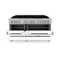 ZLINE 60 In. 7.4 Cu. Ft. Legacy Dual Fuel Range With 9 Burner Gas Cooktop And 2 Electric Convection Ovens In Satin Stainless Steel And White Matte Doors (RAS-WM-60)(Zline 60 Legacy Dual Fuel Range Satin Stainless Steel White Matte Ras Wm 60) -Induction Cooktop Store zline professional satin stainless steel free standing white matte range RAS WM 60 front half open 4ac6eacb af55 42a3 a050 4ebfbbce0520