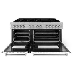 ZLINE 60 In. 7.4 Cu. Ft. Legacy Dual Fuel Range With 9 Burner Gas Cooktop And 2 Electric Convection Ovens In Satin Stainless Steel And White Matte Doors (RAS-WM-60)(Zline 60 Legacy Dual Fuel Range Satin Stainless Steel White Matte Ras Wm 60) -Induction Cooktop Store zline professional satin stainless steel free standing white matte range RAS WM 60 front open a82f64dc 781a 4e8f afe9 20203dce66d3