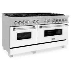 ZLINE 60 In. 7.4 Cu. Ft. Legacy Dual Fuel Range With 9 Burner Gas Cooktop And 2 Electric Convection Ovens In Satin Stainless Steel And White Matte Doors (RAS-WM-60)(Zline 60 Legacy Dual Fuel Range Satin Stainless Steel White Matte Ras Wm 60) -Induction Cooktop Store zline professional satin stainless steel free standing white matte range RAS WM 60 hero 09f7689f 4c7f 41de 9556 7267aaa920e8