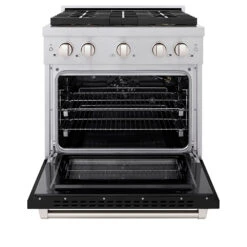 ZLINE 30 In. 4.2 Cu. Ft. Paramount Gas Range With 4 Burner DuoPro™ Cooktop And Convection Gas Oven In Satin Stainless Steel With Black Matte Door (PSGRS-BLM-30)(Zline 30 Paramount Gas Range Duopro Satin Stainless Steel Black Matte Psgrs Blm 30) -Induction Cooktop Store zline professional satin stainless steel gas range duopro cooktop PSGRS BLM 30 front open