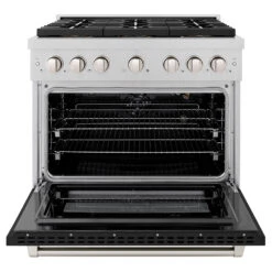 ZLINE 36 In. 5.2 Cu. Ft. Paramount Gas Range With 6 Burner DuoPro™ Cooktop And Convection Gas Oven In Satin Stainless Steel With Black Matte Door (PSGRS-BLM-36)(Zline 36 Paramount Gas Range Duopro Satin Stainless Steel Black Matte Psgrs Blm 36) -Induction Cooktop Store zline professional satin stainless steel gas range duopro cooktop PSGRS BLM 36 front open