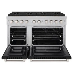 ZLINE 48 In. 6.7 Cu. Ft. Paramount Gas Range With 8 Burner DuoPro™ Cooktop And Dual Ovens In Satin Stainless Steel With Black Matte Doors (PSGRS-BLM-48)(Zline 48 Paramount Gas Range Duopro Satin Stainless Steel Black Matte Psgrs Blm 48) -Induction Cooktop Store zline professional satin stainless steel gas range duopro cooktop PSGRS BLM 48 front open