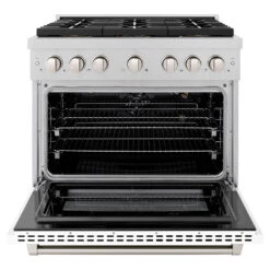 ZLINE 36 In. 5.2 Cu. Ft. Paramount Gas Range With 6 Burner DuoPro™ Cooktop And Convection Gas Oven In Satin Stainless Steel With White Matte Door (PSGRS-WM-36)(Zline 36 Paramount Gas Range Duopro Satin Stainless Steel White Matte Psgrs Wm 36) -Induction Cooktop Store zline professional satin stainless steel gas range duopro cooktop PSGRS WM 36 front open