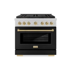 ZLINE Autograph Edition 36 In. 5.2 Cu. Ft. Paramount Dual Fuel Range With 6 Burner DuoPro™ Cooktop And Electric Convection Oven In Satin Stainless Steel With Black Matte Door And Champagne Bronze Accents (PSDRSZ-BLM36-CB)(Zline Autograph Edition 36 Paramount Dual Fuel Range Duopro Satin Stainless Steel Black Matte Champagne Bronze Psdrsz Blm36 Cb)