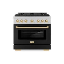 ZLINE Autograph Edition 36 In. 5.2 Cu. Ft. Paramount Gas Range With 6 Burner DuoPro™ Cooktop And Convection Gas Oven In Satin Stainless Steel With Black Matte Door And Polished Gold Accents (PSGRSZ-BLM36-G)(Zline Autograph Edition 36 Paramount Gas Range Duopro Satin Stainless Steel Black Matte Polished Gold Psgrsz Blm36 G)