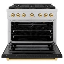 ZLINE Autograph Edition 36 In. 5.2 Cu. Ft. Paramount Gas Range With 6 Burner DuoPro™ Cooktop And Convection Gas Oven In Satin Stainless Steel With Black Matte Door And Polished Gold Accents (PSGRSZ-BLM36-G)(Zline Autograph Edition 36 Paramount Gas Range Duopro Satin Stainless Steel Black Matte Polished Gold Psgrsz Blm36 G) -Induction Cooktop Store zline professional satin stainless steel gas range duopro cooktop PSGRSZ BLM36 G front open