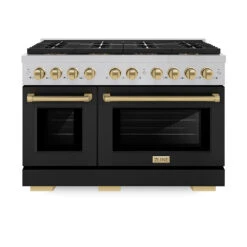 ZLINE Autograph Edition 48 In. 6.7 Cu. Ft. Paramount Gas Range With 8 Burner DuoPro™ Cooktop And Dual Ovens In Satin Stainless Steel With Black Matte Doors And Champagne Bronze Accents (PSGRSZ-BLM48-CB)(Zline Autograph Edition 48 Paramount Gas Range Duopro Satin Stainless Steel Black Matte Champagne Bronze Psgrsz Blm48 Cb)