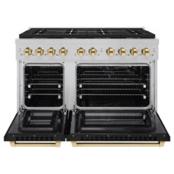 ZLINE Autograph Edition 48 In. 6.7 Cu. Ft. Paramount Gas Range With 8 Burner DuoPro™ Cooktop And Dual Ovens In Satin Stainless Steel With Black Matte Doors And Polished Gold Accents (PSGRSZ-BLM48-G)(Zline Autograph Edition 48 Paramount Gas Range Duopro Satin Stainless Steel Black Matte Polished Gold Psgrsz Blm48 G) -Induction Cooktop Store zline professional satin stainless steel gas range duopro cooktop PSGRSZ BLM48 G front open