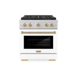 ZLINE Autograph Edition 30 In. 4.2 Cu. Ft. Paramount Gas Range With 4 Burner DuoPro™ Cooktop And Convection Gas Oven In Satin Stainless Steel With White Matte Door And Champagne Bronze Accents (PSGRSZ-WM-30-CB)(Zline Autograph Edition 30 Paramount Gas Range Duopro Satin Stainless Steel White Matte Champagne Bronze Psgrsz Wm 30 Cb)