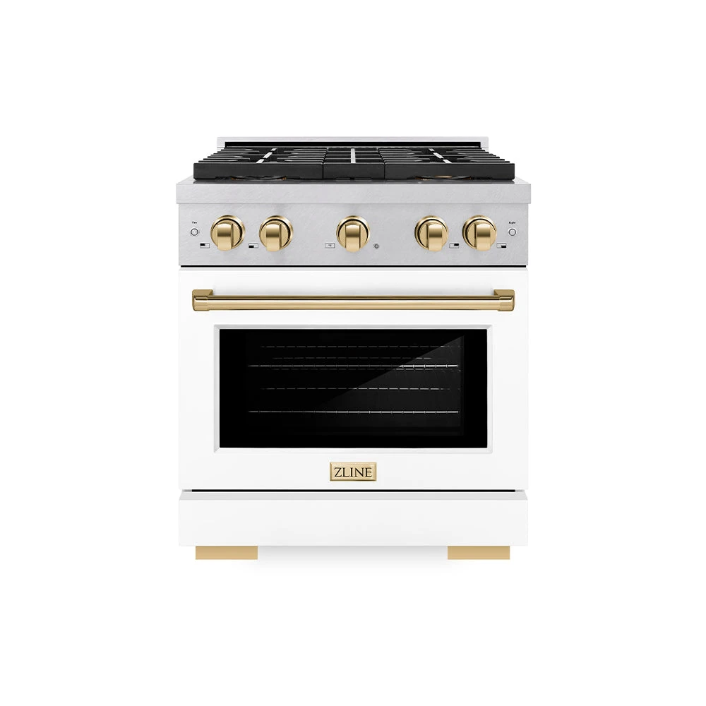 ZLINE Autograph Edition 30 In. 4.2 Cu. Ft. Paramount Gas Range With 4 Burner DuoPro™ Cooktop And Convection Gas Oven In Satin Stainless Steel With White Matte Door And Polished Gold Accents (PSGRSZ-WM-30-G)(Zline Autograph Edition 30 Paramount Gas Range Duopro Satin Stainless Steel White Matte Polished Gold Psgrsz Wm 30 G) 1 ZLINE Autograph Edition 30 In. 4.2 Cu. Ft. Paramount Gas Range With 4 Burner DuoPro™ Cooktop And Convection Gas Oven In Satin Stainless Steel With White Matte Door And Polished Gold Accents (PSGRSZ-WM-30-G)(Zline Autograph Edition 30 Paramount Gas Range Duopro Satin Stainless Steel White Matte Polished Gold Psgrsz Wm 30 G)