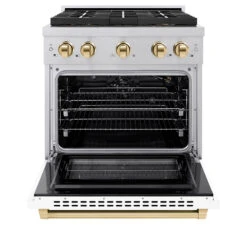 ZLINE Autograph Edition 30 In. 4.2 Cu. Ft. Paramount Gas Range With 4 Burner DuoPro™ Cooktop And Convection Gas Oven In Satin Stainless Steel With White Matte Door And Polished Gold Accents (PSGRSZ-WM-30-G)(Zline Autograph Edition 30 Paramount Gas Range Duopro Satin Stainless Steel White Matte Polished Gold Psgrsz Wm 30 G) 20 ZLINE Autograph Edition 30 In. 4.2 Cu. Ft. Paramount Gas Range With 4 Burner DuoPro™ Cooktop And Convection Gas Oven In Satin Stainless Steel With White Matte Door And Polished Gold Accents (PSGRSZ-WM-30-G)(Zline Autograph Edition 30 Paramount Gas Range Duopro Satin Stainless Steel White Matte Polished Gold Psgrsz Wm 30 G) -Induction Cooktop Store zline professional satin stainless steel gas range duopro cooktop PSGRSZ WM 30 G front open e4e941d9 abc6 47e8 91cc f0d5f1bdb4ec