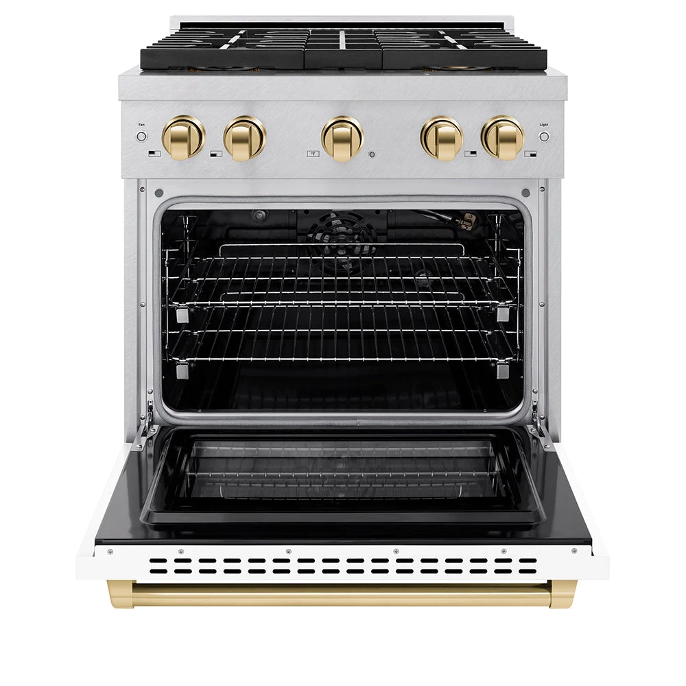 ZLINE Autograph Edition 30 In. 4.2 Cu. Ft. Paramount Gas Range With 4 Burner DuoPro™ Cooktop And Convection Gas Oven In Satin Stainless Steel With White Matte Door And Polished Gold Accents (PSGRSZ-WM-30-G)(Zline Autograph Edition 30 Paramount Gas Range Duopro Satin Stainless Steel White Matte Polished Gold Psgrsz Wm 30 G) 3 ZLINE Autograph Edition 30 In. 4.2 Cu. Ft. Paramount Gas Range With 4 Burner DuoPro™ Cooktop And Convection Gas Oven In Satin Stainless Steel With White Matte Door And Polished Gold Accents (PSGRSZ-WM-30-G)(Zline Autograph Edition 30 Paramount Gas Range Duopro Satin Stainless Steel White Matte Polished Gold Psgrsz Wm 30 G) - Image 3