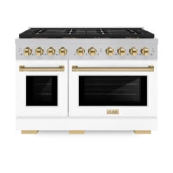 ZLINE Autograph Edition 48 In. 6.7 Cu. Ft. Paramount Gas Range With 8 Burner DuoPro™ Cooktop And Dual Ovens In Satin Stainless Steel With White Matte Doors And Polished Gold Accents (PSGRSZ-WM-48-G)(Zline Autograph Edition 48 Paramount Gas Range Duopro Satin Stainless Steel White Matte Polished Gold Psgrsz Wm 48 G)