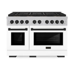 ZLINE Autograph Edition 48 In. 6.7 Cu. Ft. Paramount Gas Range With 8 Burner DuoPro™ Cooktop And Dual Ovens In Satin Stainless Steel With White Matte Doors And Matte Black Accents (PSGRSZ-WM-48-MB)(Zline Autograph Edition 48 Paramount Gas Range Duopro Satin Stainless Steel White Matte Matte Black Psgrsz Wm 48 Mb)