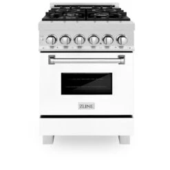 ZLINE 24 In. 2.8 Cu. Ft. Legacy Dual Fuel Range With 4 Burner Gas Cooktop And Electric Convection Oven In Satin Stainless Steel And White Matte Door (RAS-WM-24)(Zline 24 Legacy Dual Fuel Range Satin Stainless Steel White Matte Ras Wm 24) -Induction Cooktop Store zline professional satin stainless steel white matte dual fuel range RAS WM 24 front