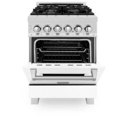 ZLINE 24 In. 2.8 Cu. Ft. Legacy Dual Fuel Range With 4 Burner Gas Cooktop And Electric Convection Oven In Satin Stainless Steel And White Matte Door (RAS-WM-24)(Zline 24 Legacy Dual Fuel Range Satin Stainless Steel White Matte Ras Wm 24) -Induction Cooktop Store zline professional satin stainless steel white matte dual fuel range RAS WM 24 front half open