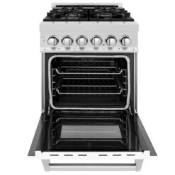 ZLINE 24 In. 2.8 Cu. Ft. Legacy Dual Fuel Range With 4 Burner Gas Cooktop And Electric Convection Oven In Satin Stainless Steel And White Matte Door (RAS-WM-24)(Zline 24 Legacy Dual Fuel Range Satin Stainless Steel White Matte Ras Wm 24) -Induction Cooktop Store zline professional satin stainless steel white matte dual fuel range RAS WM 24 front open