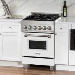 ZLINE 24 In. 2.8 Cu. Ft. Legacy Dual Fuel Range With 4 Burner Gas Cooktop And Electric Convection Oven In Satin Stainless Steel And White Matte Door (RAS-WM-24)(Zline 24 Legacy Dual Fuel Range Satin Stainless Steel White Matte Ras Wm 24) -Induction Cooktop Store zline professional satin stainless steel white matte dual fuel range RAS WM 24 side right white kitchen