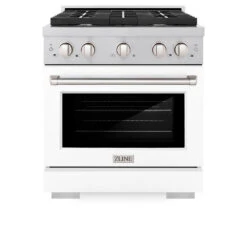 ZLINE 30 In. 4.2 Cu. Ft. Paramount Dual Fuel Range With 4 Burner Gas Cooktop And Electric Convection Oven In Satin Stainless Steel With White Matte Door (SDRS-WM-30)(Zline 30 Paramount Dual Fuel Range Satin Stainless Steel White Matte Sdrs Wm 30) -Induction Cooktop Store zline professional satin stainless steel white matte gas range SDRS WM 30 front