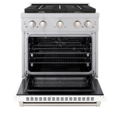 ZLINE 30 In. 4.2 Cu. Ft. Paramount Dual Fuel Range With 4 Burner Gas Cooktop And Electric Convection Oven In Satin Stainless Steel With White Matte Door (SDRS-WM-30)(Zline 30 Paramount Dual Fuel Range Satin Stainless Steel White Matte Sdrs Wm 30) -Induction Cooktop Store zline professional satin stainless steel white matte gas range SDRS WM 30 front open