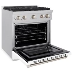 ZLINE 30 In. 4.2 Cu. Ft. Paramount Dual Fuel Range With 4 Burner Gas Cooktop And Electric Convection Oven In Satin Stainless Steel With White Matte Door (SDRS-WM-30)(Zline 30 Paramount Dual Fuel Range Satin Stainless Steel White Matte Sdrs Wm 30) -Induction Cooktop Store zline professional satin stainless steel white matte gas range SDRS WM 30 main open