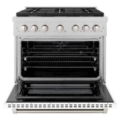 ZLINE 36 In. 5.2 Cu. Ft. Paramount Dual Fuel Range With 6 Burner Gas Cooktop And Electric Convection Oven In Satin Stainless Steel With White Matte Door (SDRS-WM-36)(Zline 36 Paramount Dual Fuel Range Satin Stainless Steel White Matte Sdrs Wm 36) 14 ZLINE 36 In. 5.2 Cu. Ft. Paramount Dual Fuel Range With 6 Burner Gas Cooktop And Electric Convection Oven In Satin Stainless Steel With White Matte Door (SDRS-WM-36)(Zline 36 Paramount Dual Fuel Range Satin Stainless Steel White Matte Sdrs Wm 36) -Induction Cooktop Store zline professional satin stainless steel white matte gas range SDRS WM 36 front open