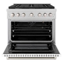 ZLINE 36 In. 5.2 Cu. Ft. Paramount Gas Range With 6 Burner Cooktop And Convection Gas Oven In Satin Stainless Steel With White Matte Door (SGRS-WM-36)(Zline 36 Paramount Gas Range Satin Stainless Steel White Matte Sgrs Wm 36) -Induction Cooktop Store zline professional satin stainless steel white matte gas range SGRS WM 36 front open