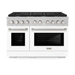 ZLINE 48 In. 6.7 Cu. Ft. Paramount Double Oven Gas Range With 8 Burner Cooktop In Satin Stainless Steel With White Matte Doors (SGRS-WM-48)(Zline 48 Paramount Gas Range Satin Stainless Steel White Matte Sgrs Wm 48) -Induction Cooktop Store zline professional satin stainless steel white matte gas range SGRS WM 48 front