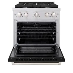 ZLINE 30 In. 4.2 Cu. Ft. Paramount Dual Fuel Range With 4 Burner Gas Cooktop And Electric Convection Oven In Stainless Steel With Black Matte Door (SDR-BLM-30)(Zline 30 Paramount Dual Fuel Range Stainless Steel Black Matte Sdr Blm 30) -Induction Cooktop Store zline professional stainless steel black matte gas range SDR BLM 30 front open 486b393c b115 44c7 aaf3 3844d8744521