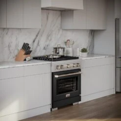 ZLINE 30 In. 4.2 Cu. Ft. Paramount Dual Fuel Range With 4 Burner Gas Cooktop And Electric Convection Oven In Stainless Steel With Black Matte Door (SDR-BLM-30)(Zline 30 Paramount Dual Fuel Range Stainless Steel Black Matte Sdr Blm 30) -Induction Cooktop Store zline professional stainless steel black matte gas range SDR BLM 30 lifestyle angled