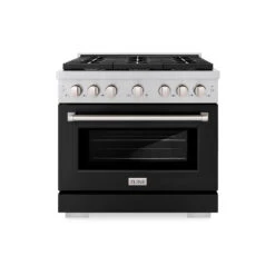 ZLINE 36 In. 5.2 Cu. Ft. Paramount Dual Fuel Range With 6 Burner Gas Cooktop And Electric Convection Oven In Stainless Steel With Black Matte Door (SDR-BLM-36)(Zline 36 Paramount Dual Fuel Range Stainless Steel Black Matte Sdr Blm 36) -Induction Cooktop Store zline professional stainless steel black matte gas range SDR BLM 36 front hero