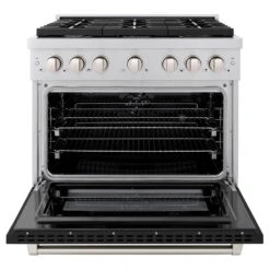 ZLINE 36 In. 5.2 Cu. Ft. Paramount Dual Fuel Range With 6 Burner Gas Cooktop And Electric Convection Oven In Stainless Steel With Black Matte Door (SDR-BLM-36)(Zline 36 Paramount Dual Fuel Range Stainless Steel Black Matte Sdr Blm 36) -Induction Cooktop Store zline professional stainless steel black matte gas range SDR BLM 36 front open 25fe61a8 1d88 494d a3af c8e68181f9f9