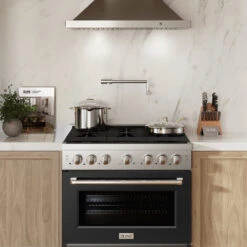 ZLINE 36 In. 5.2 Cu. Ft. Paramount Dual Fuel Range With 6 Burner Gas Cooktop And Electric Convection Oven In Stainless Steel With Black Matte Door (SDR-BLM-36)(Zline 36 Paramount Dual Fuel Range Stainless Steel Black Matte Sdr Blm 36) -Induction Cooktop Store zline professional stainless steel black matte gas range SDR BLM 36 lifestyle 2