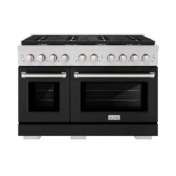 ZLINE 48 In. 6.7 Cu. Ft. Paramount Double Oven Dual Fuel Range With 8 Burner Gas Cooktop In Stainless Steel With Black Matte Doors (SDR-BLM-48)(Zline 48 Paramount Dual Fuel Range Stainless Steel Black Matte Sdr Blm 48) -Induction Cooktop Store zline professional stainless steel black matte gas range SDR BLM 48 front hero